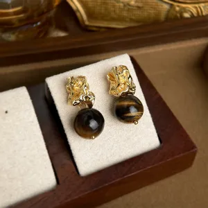 Atemberaubende vintage unregelmäßige Metall Tigerauge Stein Ohrringe retro Schmuck Geschenk