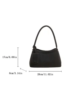 Retro black suede shoulder bag detail showcasing precise dimensions and compact casual design.