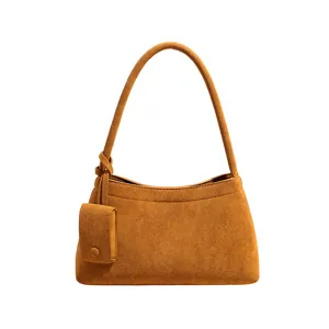 Vintage brown suede shoulder bag with coin purse chic commuter casual handbag for women.