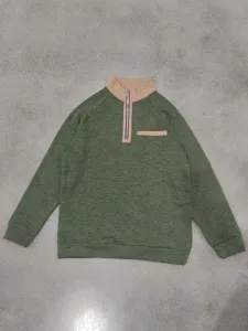 Detailed view of men's quarter zip fleece sweatshirt with contrast stand collar and pocket.