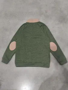 Back view detail of green cationic fleece sweatshirt with contrast collar and elbow patches.