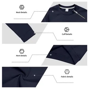 Detaillierte Nahaufnahmen des dunkelblauen Fleece-Sweatshirts mit Kragen, Bündchen und Saum.