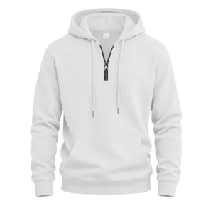 Men's casual waffle knit quarter zip hoodie streetwear comfortable hooded sweatshirt white