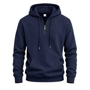 Men's casual waffle knit half zip hoodie with pocket comfortable winter autumn streetwear pullover