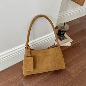 Retro suede shoulder bag, minimalist casual chic handbag with small pouch, stylish daily commuter