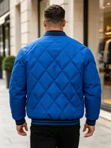 Mens quilted bomber jacket detailed back view showing warm diamond pattern and ribbed trim.