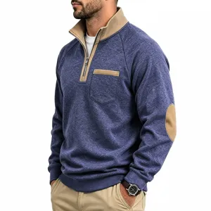 Men's casual quarter-zip fleece sweatshirt with contrast stand collar and elbow patches.