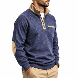 Men's casual 1/4 zip fleece sweatshirt detail, stylish color block stand collar and elbow patches.
