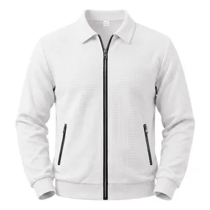 Men's waffle knit zip jacket casual outdoor sports full zip cardigan outerwear white