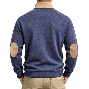 Back detail of men cationic fleece sweatshirt with contrast elbow patches and stand collar.