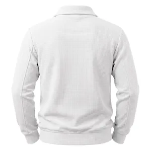 Men white waffle knit jacket back view showing texture details, collar and zip design.