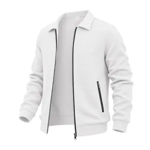 White waffle knit jacket with zipper closure and lapel collar for men daily wear detail view.