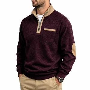 Detailed view of men's quarter-zip fleece sweatshirt with stylish contrast collar and cozy fit.