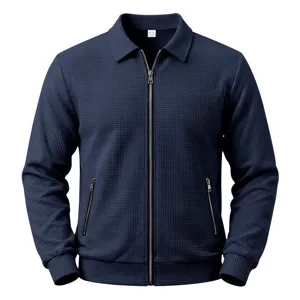 Men's waffle knit zip-up jacket detailed view, casual lapel collar design with secure pockets.