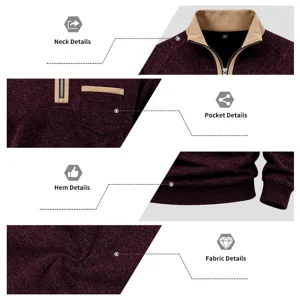 Detailed view of men's quarter-zip stand collar sweatshirt, contrast pocket and fabric.