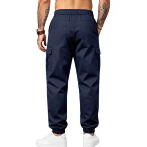 Men tactical cargo pants back view, multi-pocket cotton twill casual trousers detail.