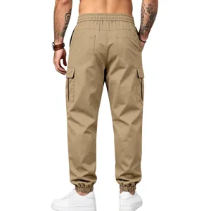 Men's Khaki Cargo Pants Casual Multi-Pocket Drawstring Cuffed Trousers Streetwear
