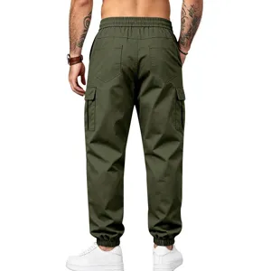 Men's casual cargo pants solid color multi-pocket tactical trousers streetwear army green