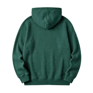 Men's dark green waffle knit hoodie with hooded design, comfortable casual streetwear.