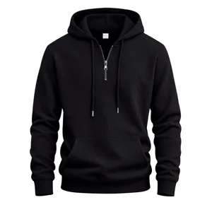 Men's black waffle knit quarter zip hoodie casual streetwear long sleeve hooded sweatshirt