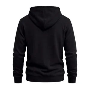 Back view of men's black waffle knit hoodie, heavy texture hooded sweatshirt detail.
