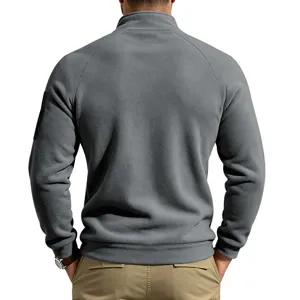 Grijs heren fleece sweatshirt met opstaande kraag, casual raglanmouw pullover voor heren.