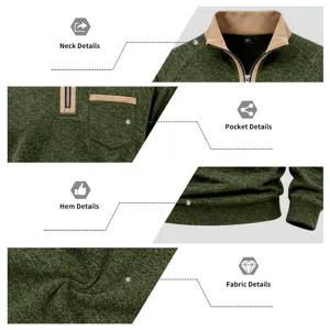 Men half-zip stand-collar sweatshirt detail view showcasing premium knitted fabric and pockets.