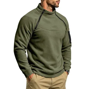 Heren fleece sweater in legergroen met opstaande kraag en dubbele rits voor vrije tijd.