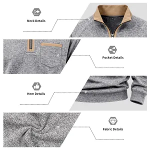 Close up view of the men half zip stand collar sweatshirt showing collar pocket hem and fabric details.