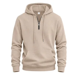 Men's waffle knit quarter zip hoodie casual long sleeve hooded sweatshirt with pocket.