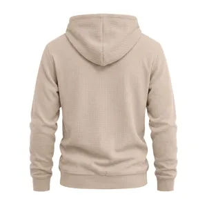 Detailed back view of men's casual khaki waffle knit hooded sweatshirt with textured fabric.
