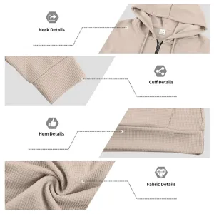 Men waffle knit zip hoodie detail shot showcasing collar, cuff, hem and textured fabric.
