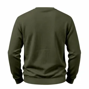 Rückseitiges Detail des olivgrünen einfarbigen Sweatshirts mit Rippbündchen und Saum.