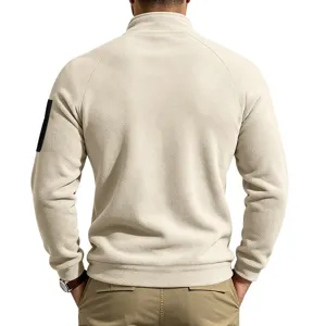 Heren fleece opstaande kraag sweatshirt achteraanzicht detail met raglanmouwen.