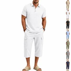 Men Summer Linen Cargo Top And Bottom Loose Short Sleeve Polo Shirt And Pocket Shorts Breathable Casual Outfit For Outdoor