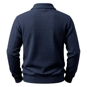 Back view of men's waffle knit lapel zipper jacket in navy blue, casual outdoor wear.