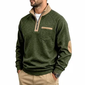 Men contrast mock neck quarter zip fleece sweatshirt detail view long sleeve pullover top