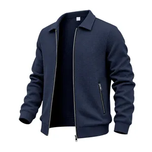Men's Lapel Waffle Knit Zip Up Casual Jacket Outdoor Sports Motorcycle Bomber Coat Style