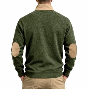 Men's casual fleece stand-up collar sweatshirt back detail, contrast color elbow patches.