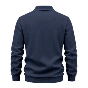 Men's solid color waffle knit lapel jacket back detail highlighting textured fabric and hem.