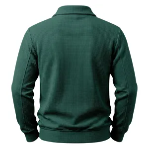 Back view detail of the dark green men waffle knit jacket, showing textured fabric and collar.