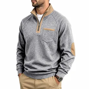Men casual quarter-zip fleece sweatshirt with contrast color elbow patches and chest pocket.