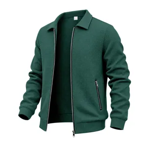 Men dark green waffle knit zip jacket detail, casual lapel outerwear fashion texture.