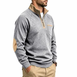 Men's casual 1/4-zip fleece sweatshirt detail, stand collar with contrast elbow patches style.