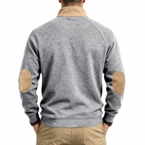 Back view detail of men's fleece stand-up collar sweatshirt with contrast elbow patches.