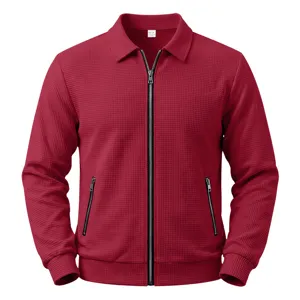 Men's Lapel Waffle Knit Jacket Full Zip Casual Outdoor Sports Bomber Jacket Front View