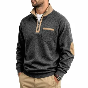 Men's casual contrast fleece sweatshirt detail view, showing 1/4 zip, collar and elbow patch.