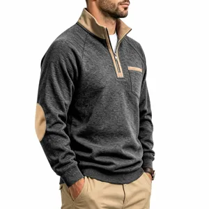 Men's quarter zip fleece sweatshirt detail, stand collar and elbow patch design.