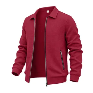 Men's waffle knit zip jacket with lapel collar and casual style for outdoor and daily wear.