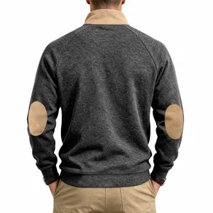 Back view details of men's casual cationic fleece stand-up collar sweatshirt with patches.